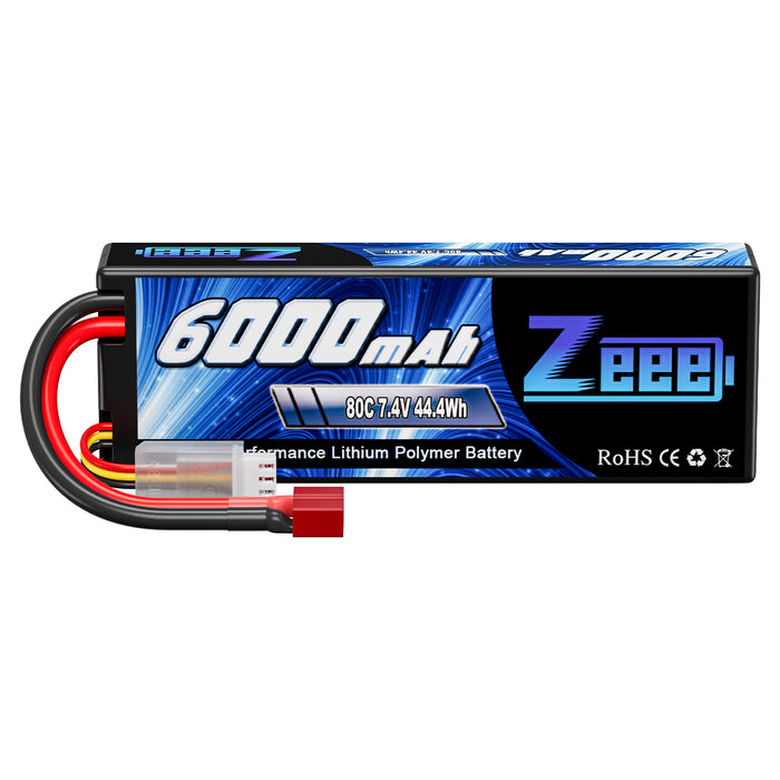 Zeee 2S Lipo Battery 6000mAh 7.4V 80C Hard case with Deans Connector for 1/8 1/10 Scale RC Car