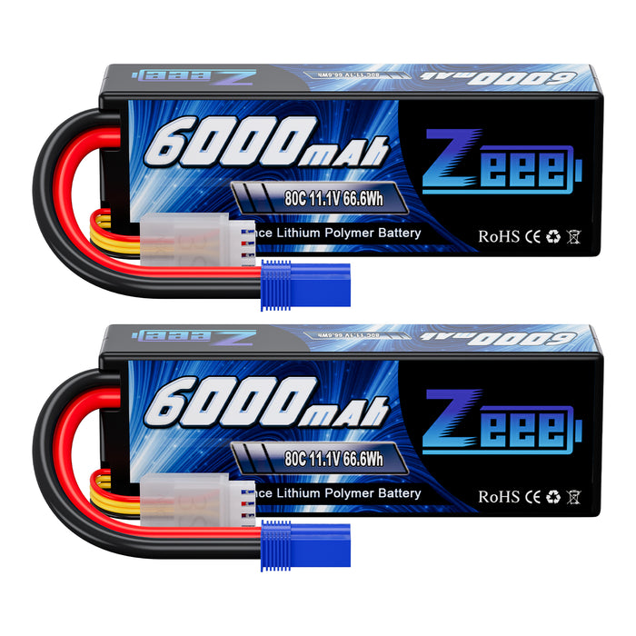 Zeee 3S Lipo Battery  6000mAh 11.1V 80C Hard Case with EC5 Connector for 1/8 1/10 Scale RC Car(2 Pack)