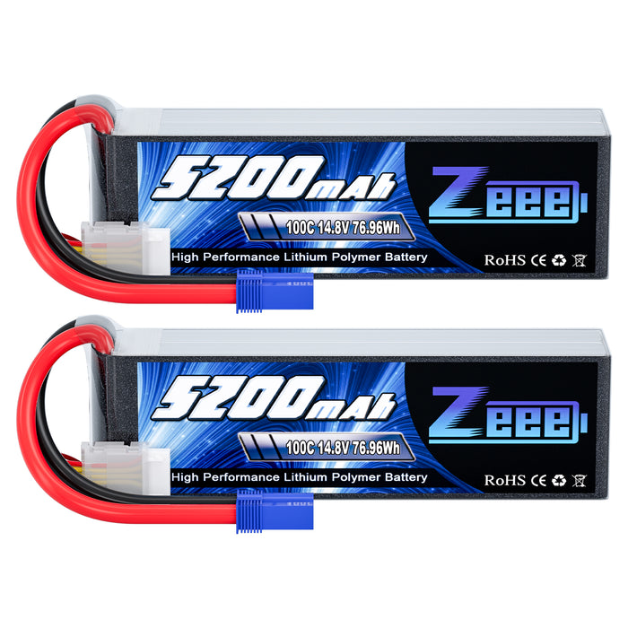 Zeee 4S Lipo Battery 14.8V 5200mAh 100C with EC5 Plug Soft Case for RC Plane RC Car(2 Pack)