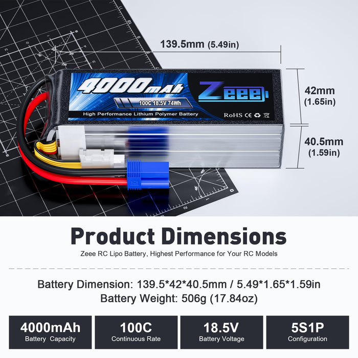 Zeee 5S Lipo Battery 4000mAh 18.5V 100C Soft Pack Lipos with EC5 Connector Compatible with RC Helicopter Airplane RC Car Boat Truck Racing Models