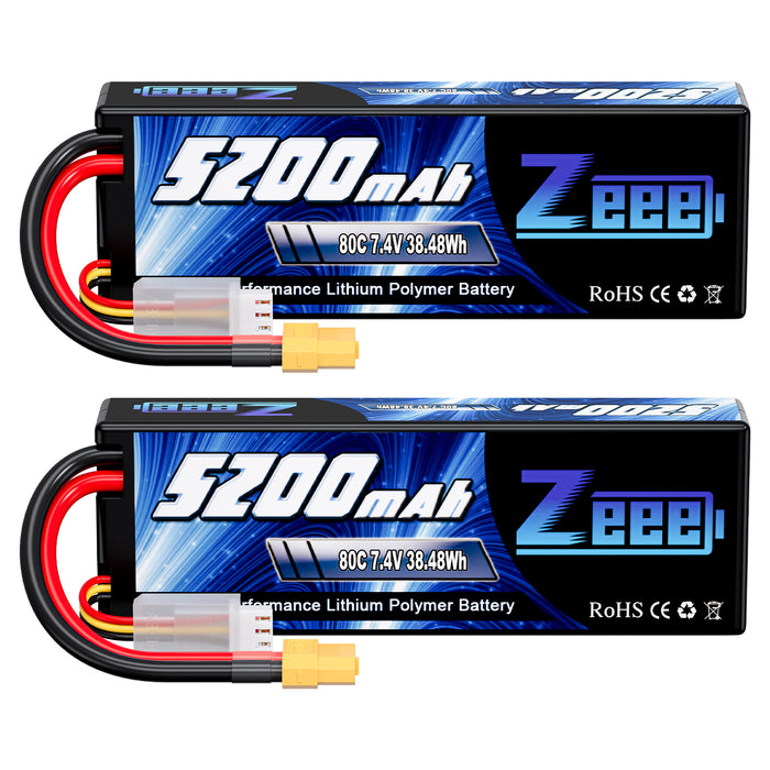 Zeee 2S Lipo Battery 5200mAh  7.4V 80C with XT60 Plug Hard Case for 1/8 1/10 RC Car(2 Packs)