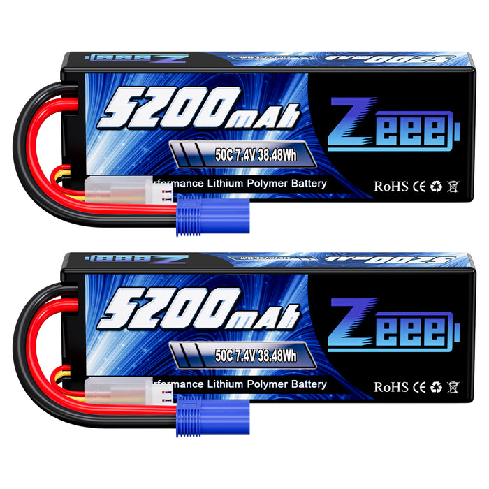 Zeee 2S Lipo Battery 5200mAh 7.4V 50C Hard Case with EC5 Plug for 1/8 1/10 RC Car(2 Pack)