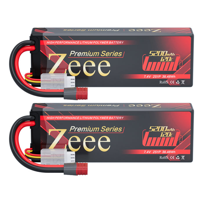 Zeee Premium Series 2S Lipo Battery 5200mAh 7.4V 120C Hard Case with Deans Plug for 1/8 1/10 RC Car(2 Pack)