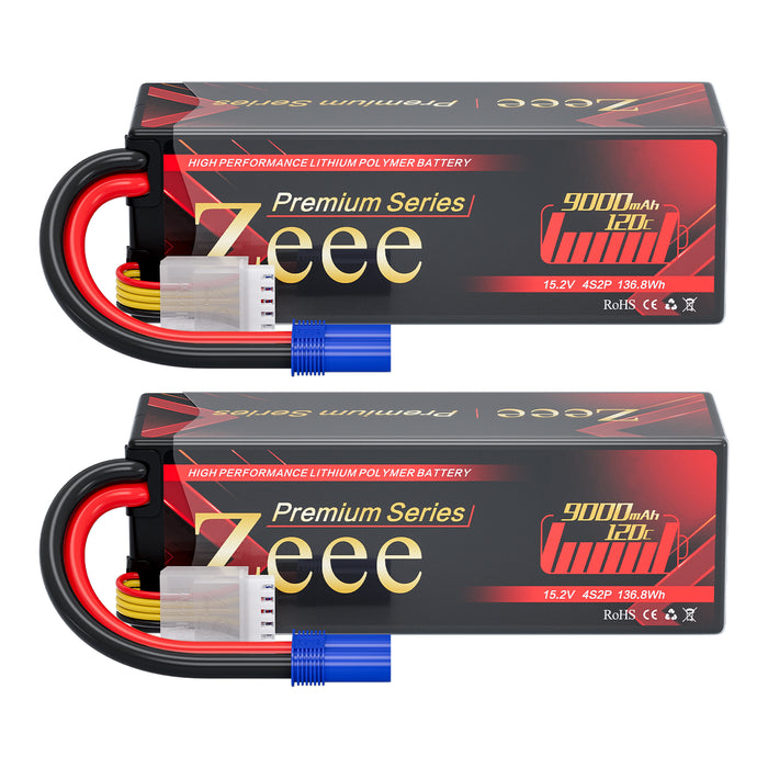 Zeee Premium Series 4S Lipo Battery 9000mAh 15.2V 120C Hard Case with EC5 Connector for RC Car Racing Models (2 Pack)