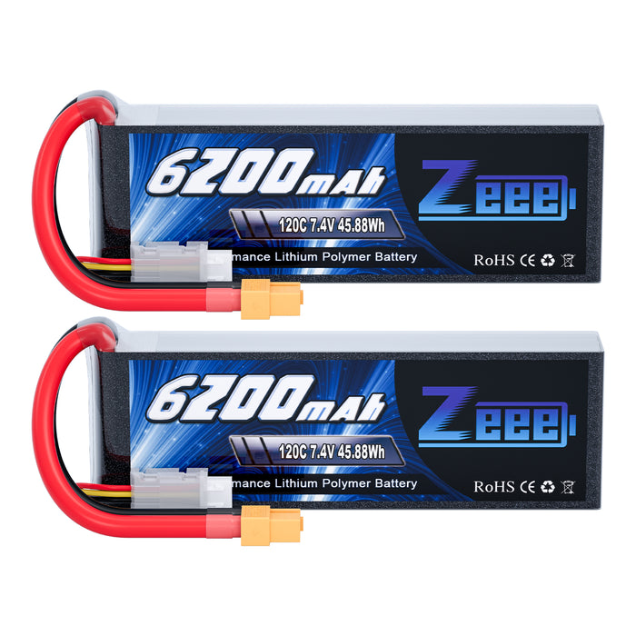 Zeee 2S 6200mAh Lipo Battery 7.4V 120C Soft Case RC Car Battery with XT60 Connector for RC Vehicles RC Truck Tank Truggy Boat Racing Hobby Models(2 Pack)