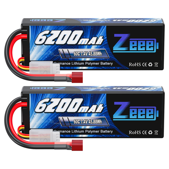 Zeee 2S Lipo Battery 6200mAh 7.4V 60C Hard Case with Deans T Connector for RC Vehicles Car Truck Truggy Boat Racing Hobby(2 Pack)