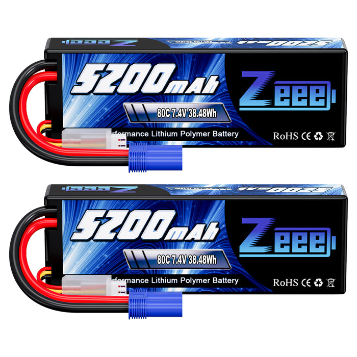 Zeee 2S Lipo Battery 5200mAh 7.4V 80C Hard Case with EC5 Plug Compatible with 1/8 1/10 RC Car(2 Pack)