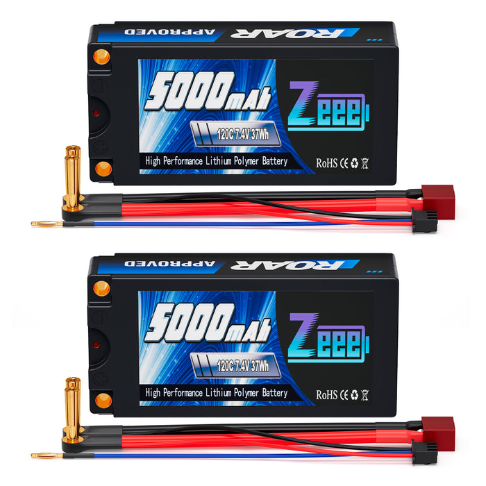 Zeee 2S Shorty Lipo Battery 5000mAh (Roar Approved) 7.4V 120C with 5mm Bullet to Deans Connector Hard Case Battery for 1/10 Scale Vehicles RC Car Trucks Boats RC Models(2 Pack)