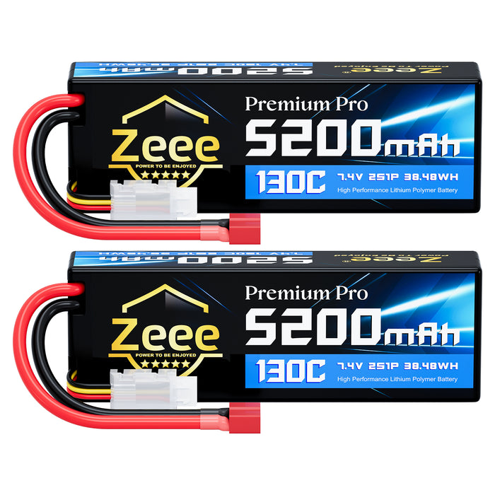 Zeee Premium Pro 2S Lipo Battery 5200mAh 7.4V 130C RC Battery Hard Case with T Plug Compatible with 1/8 1/10 RC Vehicles Car Slash RC Buggy Truggy RC Airplane Racing Models(2 Pack)