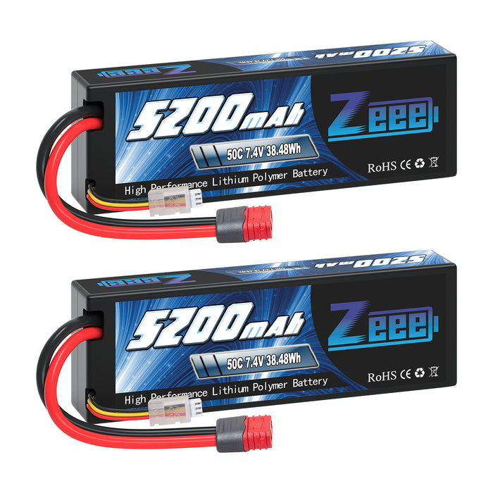 Zeee 2S Lipo Battery 5200mAh 7.4V 50C Deans T Plug with Housing Hard Case Battery for 1/8 1/10 RC Car RC Models(2 Pack)