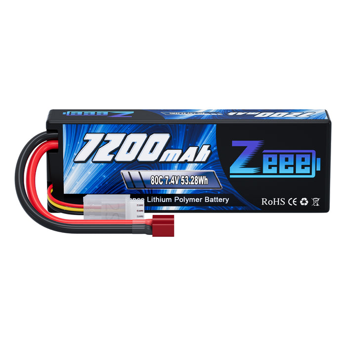 Zeee 2S Lipo Battery 7200mAh 7.4V 80C Hard Case with Deans T Style Connector for RC Car