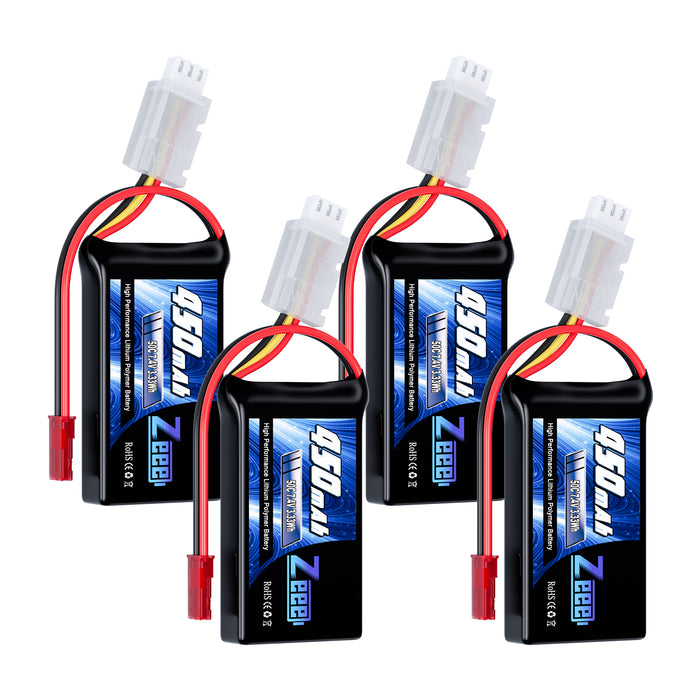 Zeee 2S Lipo Battery 450mAh 7.4V 50C Soft Pack RC Battery with JST Plug for FPV Drone Quadcopter Helicopter Airplane RC Boat RC Car RC Models(4 Pack)