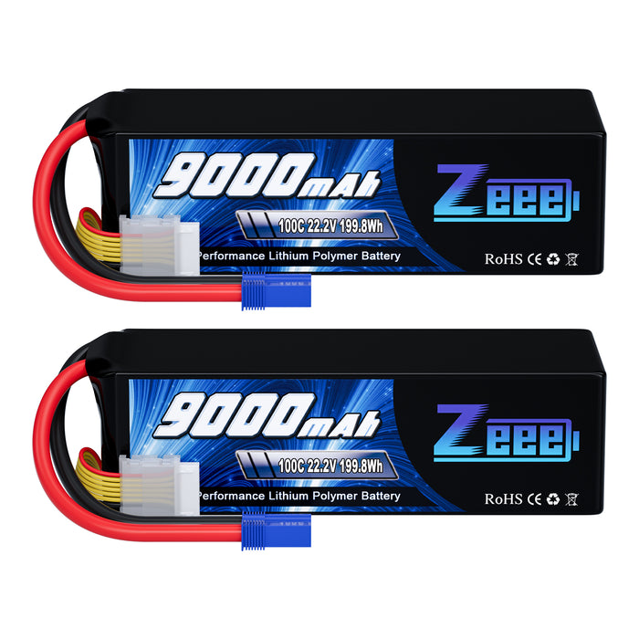 Zeee 6S Lipo Battery 9000mAh 22.2V 100C Soft Case With EC5 Connector with Metal Plates for RC Car RC Models(2 Pack)