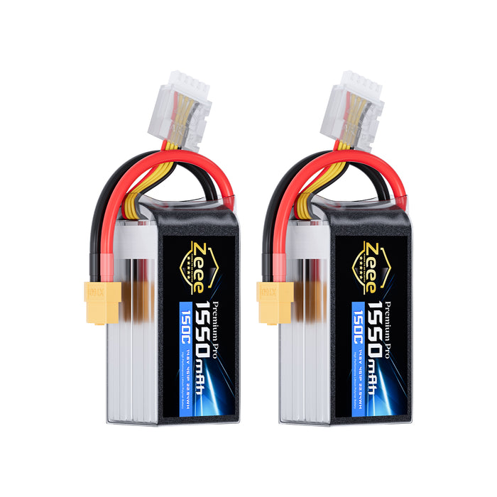 Zeee Premium Pro 1550mAh 4S Lipo Battery 14.8V 150C Ultra-Low IR Soft Pack RC Battery with XT60 Plug for FPV Drone Quadcopter Racing Helicopter Airplane RC Boat RC Car RC Models(2 Pack)