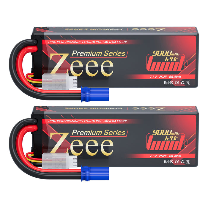 Zeee Premium Series 2S Lipo Battery 9000mAh 7.6V 120C HV-Lipo Hard Case Battery with EC5 Connector for RC Car RC Models (2 Pack)