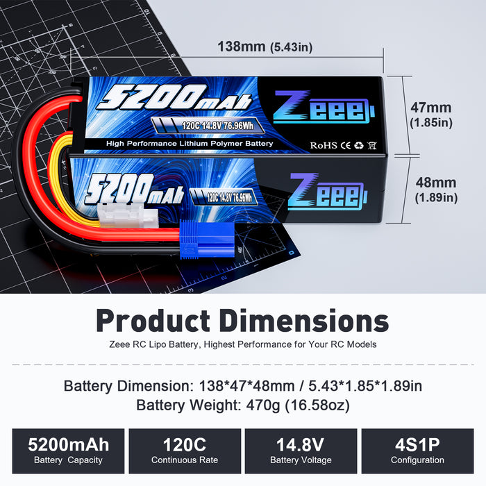 Zeee 4S Lipo Battery 5200mAh 14.8V 120C Hard Case with EC5 Plug for RC Car RC Models(2 Pack)