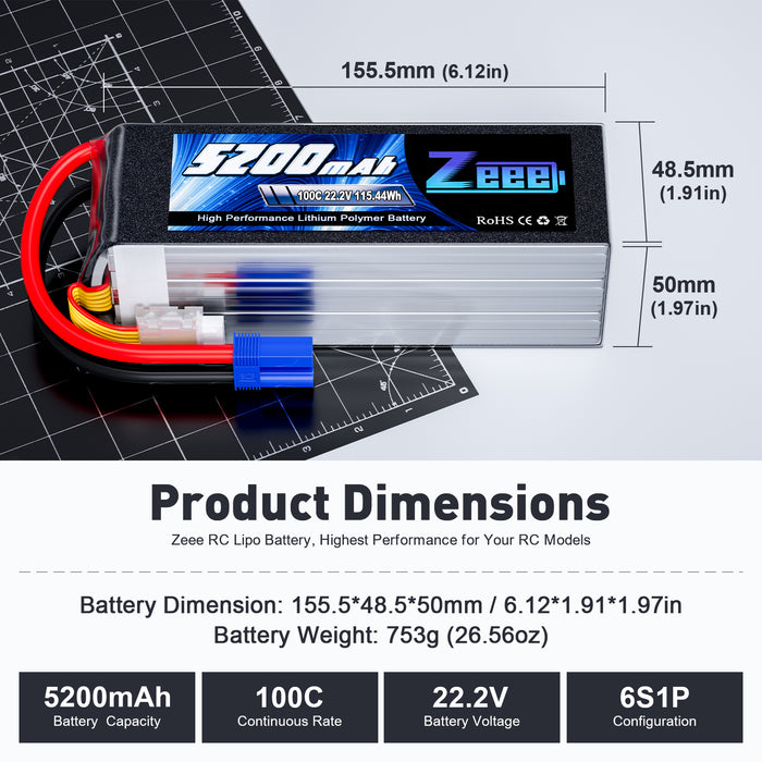 Zeee 6S Lipo Battery 5200mAh 22.2V 100C with EC5 Connector for RC Car RC Models(2 Pack)