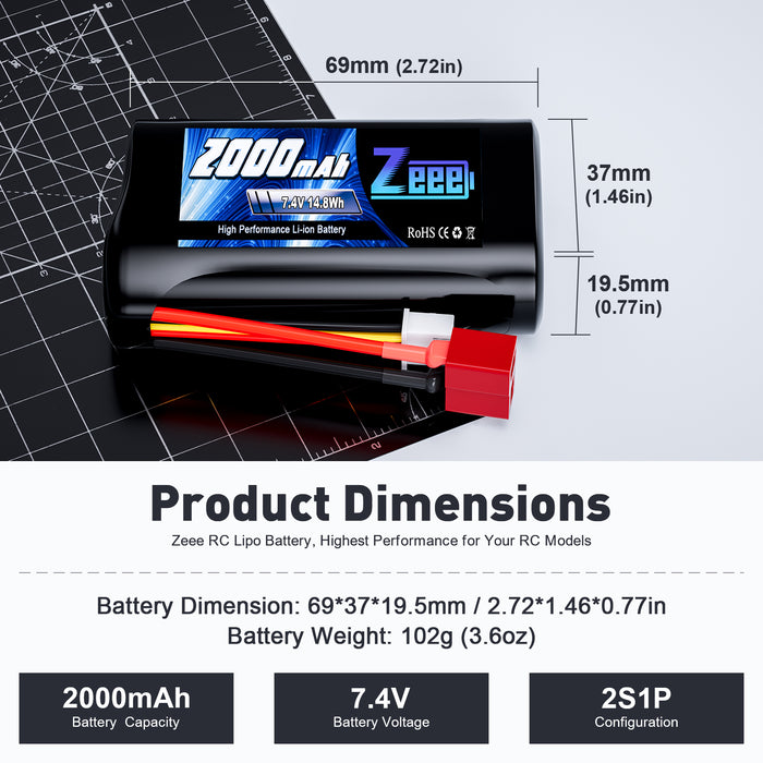 Zeee 2S Li-ion Battery 2000mAh 7.4V Battery SM 2P Connector with 7.4V Battery Charger Compatible with MN D90/91, MN 99/99s RC cars, H101 H103 H105 RC Boat RC Truck(2 Pack)