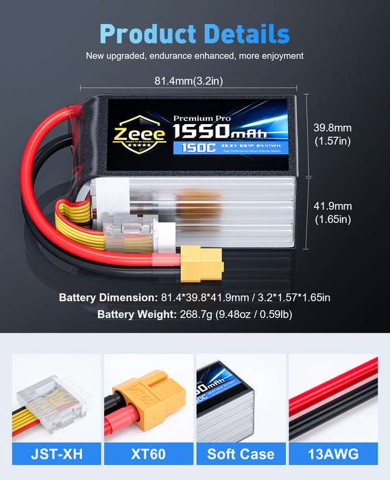 Zeee Premium Pro 6S Lipo Battery 1550mAh 22.2V 150C Ultra-Low IR Soft Pack Lipo Battery with XT60 Connector for FPV Racing Quadcopter Drone Helicopter Airplane RC Car Truck Boat RC Models (2 Packs)