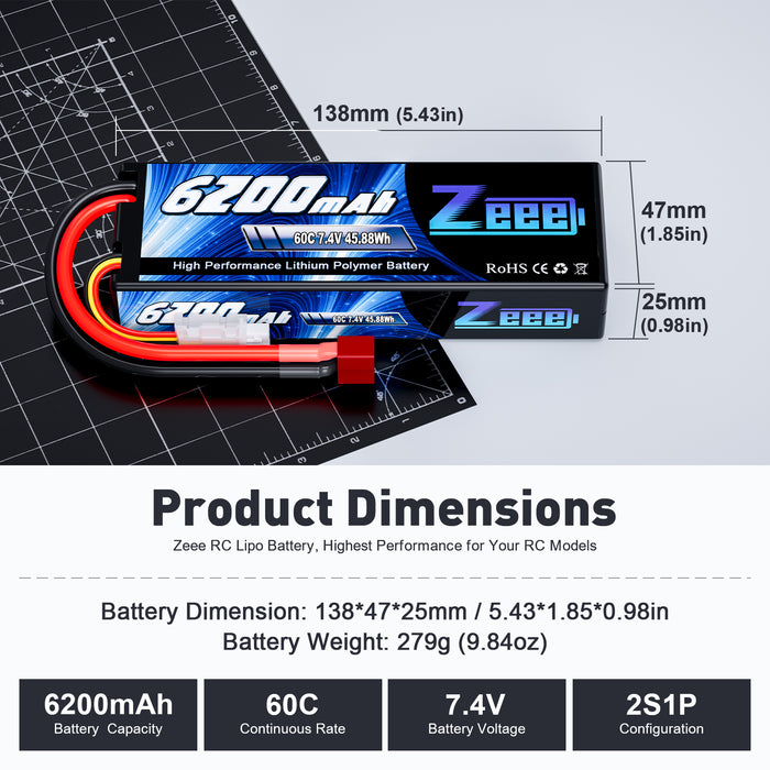 Zeee 2S Lipo Battery 6200mAh 7.4V 60C Hard Case with Deans T Connector for RC Vehicles Car Truck Truggy Boat Racing Hobby(2 Pack)