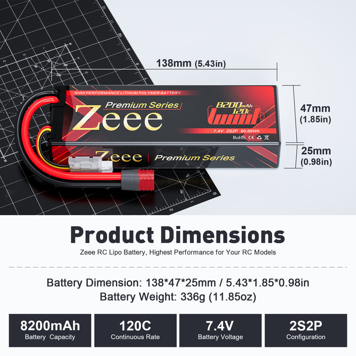 Zeee Premium Series 2S Lipo Battery 8200mAh 7.4V 120C Hard Case with Deans T Connector for RC Car RC Boat(2 Pack)