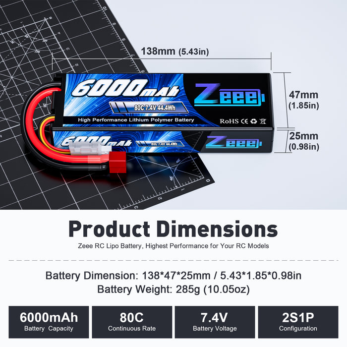 Zeee 2S Lipo Battery 6000mAh 7.4V 80C Hard case with Deans Connector for 1:8 Scale RC Car(2 Pack)
