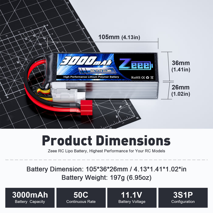 Zeee 3S Lipo Battery 3000mAh 11.1V 50C with Deans T Connector for RC Airplane RC Car RC Models(2 Pack)