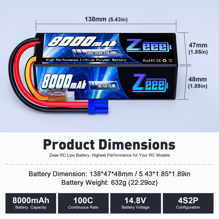 Zeee 4S Lipo Battery 8000mAh 14.8V 100C with EC5 Connector Hard Case for RC Car RC Models(2 Pack)