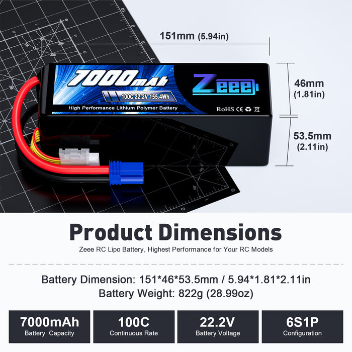 Zeee 6S Lipo Battery 7000mAh 22.2V 100C Soft Case with Metal Plates EC5 Connector for RC Car RC Models(2 Pack)