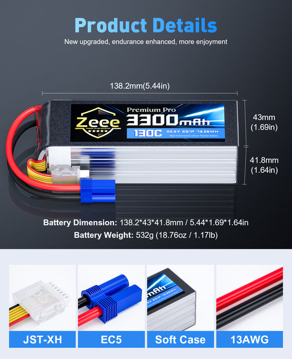 Zeee Premium Pro 6S Lipo Battery 3300mAh 22.2V 130C Ultra-Low IR Soft Pack Lipo Battery with EC5 Connector for RC Drone Car Truck Boat Helicopter Airplane Racing Models (2 Packs)