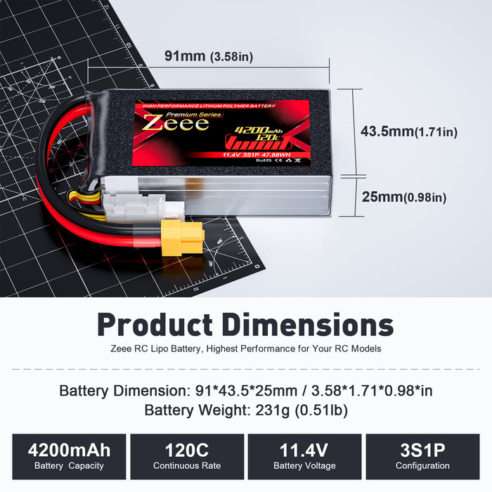 Zeee Premium Series 3S Lipo Battery 4200mAh 11.4V 120C Soft Case with XT60 Plug For Rock Crawler Airplane Racing Models(2 Pack)