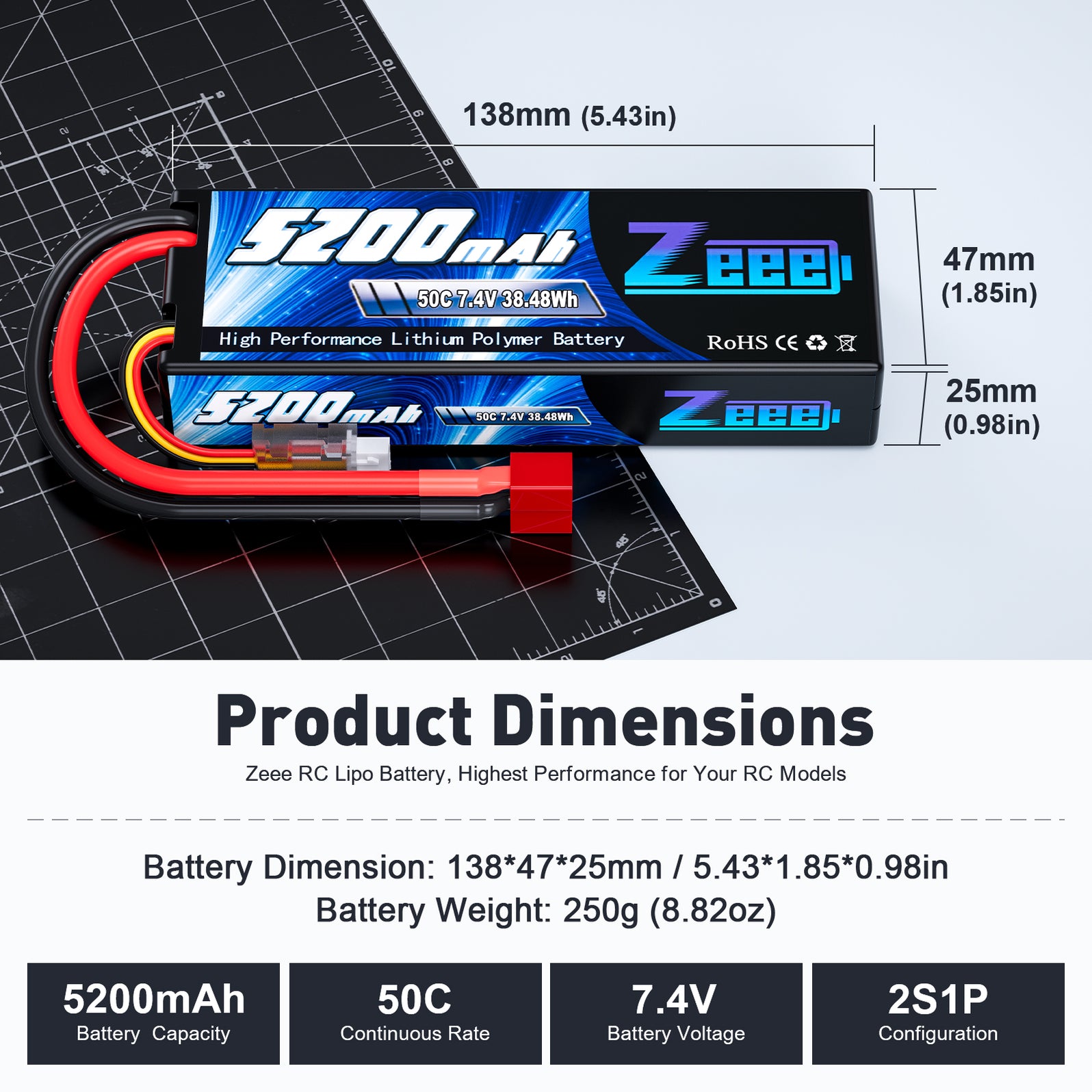 GOLDBAT Batteria Lipo 2S 7.4V 6200mAh 50C Con Connettore Deans, Custodia Rigida Per Auto, Camion, Barca, Elicottero RC - Sostituto Traxxas - 2