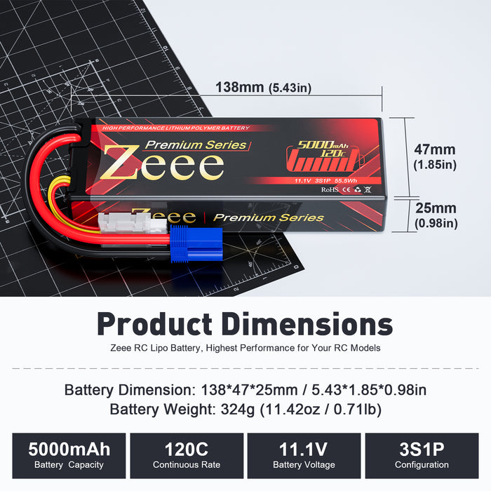 Zeee Premium Series 3S Lipo Battery 5000mAh 11.1V 120C LCG Hard Case with EC5 Connector for RC Car RC models(2 Pack)