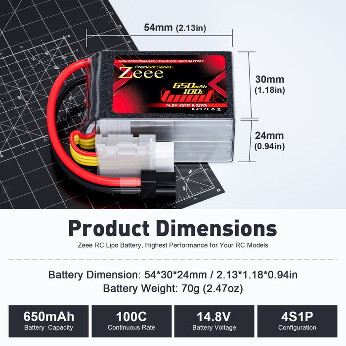 Zeee Premium Series 4S Lipo Battery 650mAh 14.8V 100C Soft Case with XT30 Plug for RC Car RC Models(2 Pack)