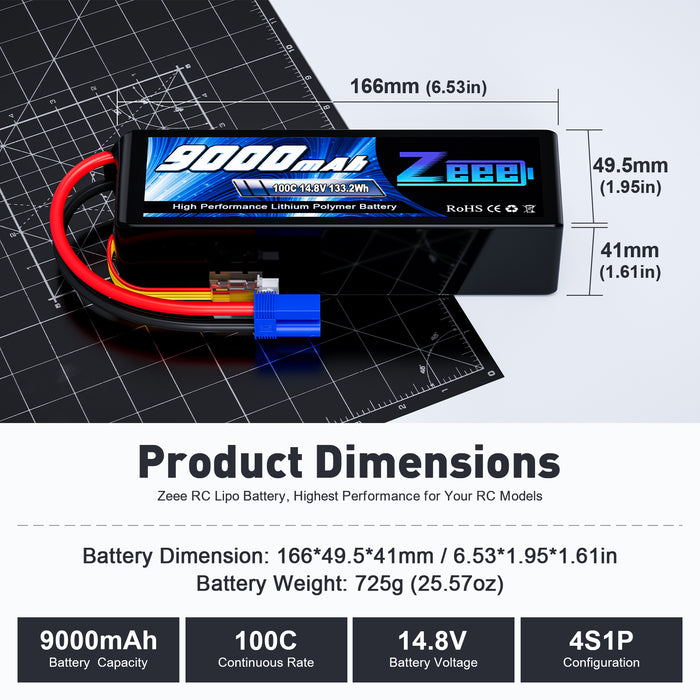 Zeee 4S Lipo Battery 9000mAh 14.8V 100C RC Lipos EC5 Connector with Metal Plates Compatible for Xmaxx RC Car RC Truck RC Tank RC Models