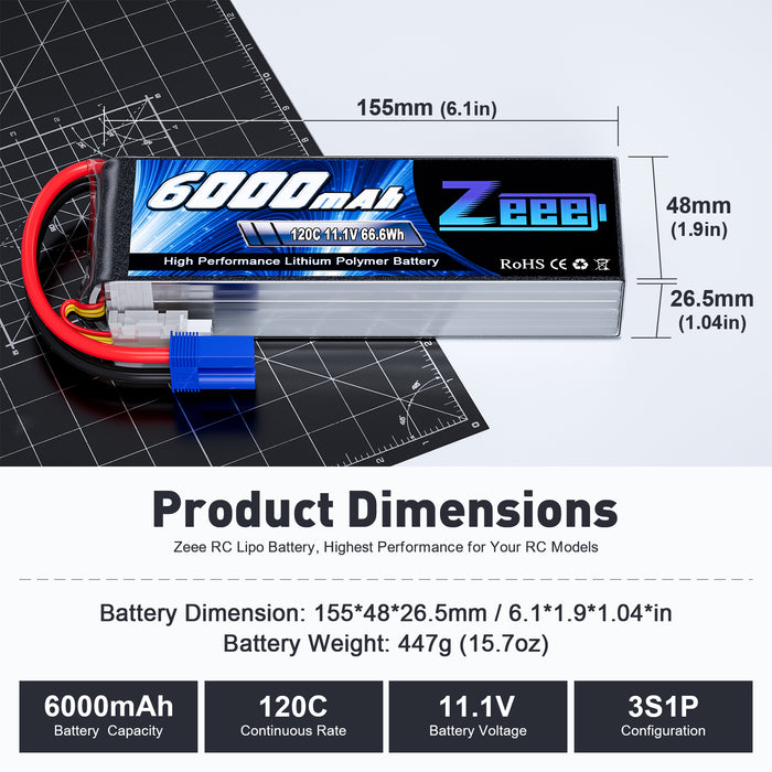 Zeee 3S Lipo Battery 6000mAh 11.1V 120C Soft Case with EC5 Connector for RC Car RC Models(2 Pack)