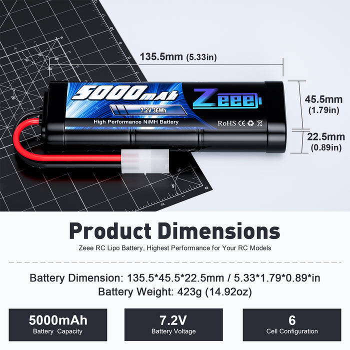 Zeee 7.2V 5000mAh NiMH Battery with Tamiya Plug 6-Cell Rechargeable Battery Pack for RC Car RC Models(2 Pack)