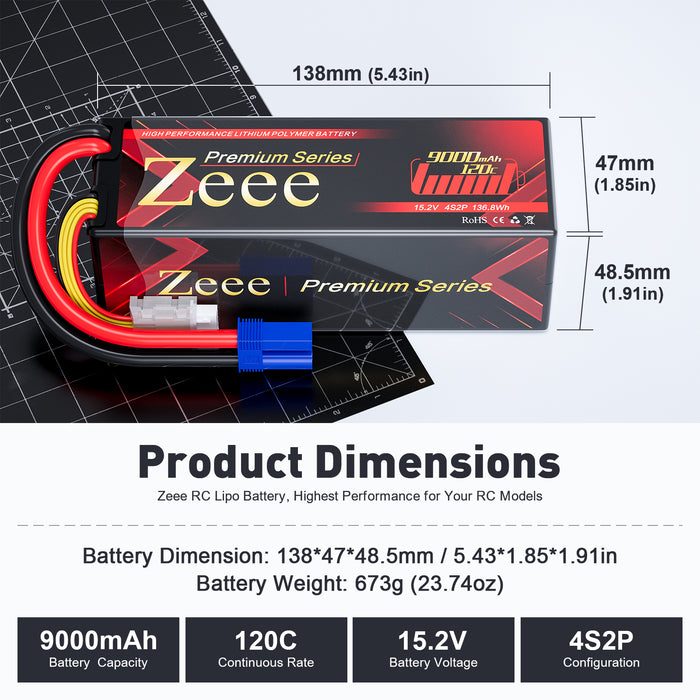 Zeee Premium Series 4S Lipo Battery 9000mAh 15.2V 120C Hard Case with EC5 Connector for RC Car Racing Models (2 Pack)