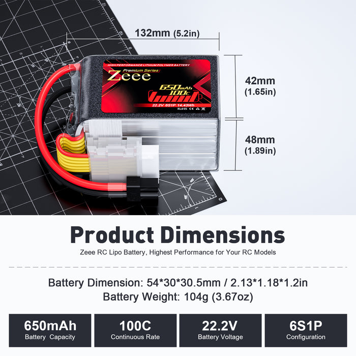 Zeee Premium Series 6S Lipo Battery 650mAh 22.2V 100C Soft Case with XT30 Plug for FPV Airplane RC Models (2 Pack)