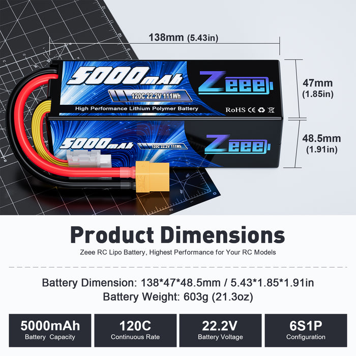 Zeee 6S 5000mAh Lipo Battery 22.2V 120C Hard Case Battery with XT90 Connector for RC Car Trucks Airplane Helicopter Quadcopter Boat Racing Models (2 Pack)