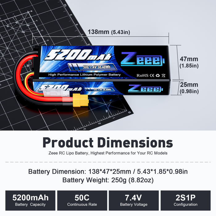 Zeee 2S Lipo Battery 5200mAh 7.4V 50C with XT60 Plug Hard Case for 1/8 1/10 RC Car RC Airplane(2 Pack)