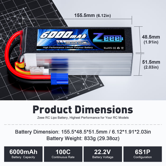 Zeee 6S Lipo Battery 6000mAh 22.2V 100C with EC5 Connector for RC Car  RC Models(2 Packs)