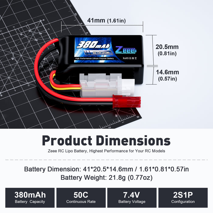 Zeee 2S Lipo Battery 380mAh 7.4V 50C RC Battery with JST Plug for Quadcopter UAV FPV Drone Racing Helicopter Airplane RC Boat RC Car RC Models(4 Pack)