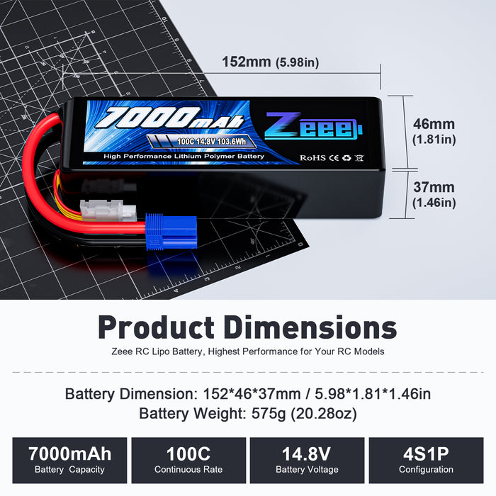 Zeee 4S Lipo Battery 7000mAh 14.8V 100C Soft Pack RC Battery EC5 Connector with Metal Plates for RC Car RC Truck RC Tank Racing Hobby
