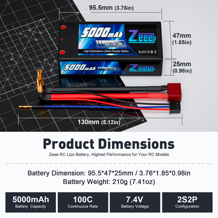 Zeee 2S Shorty Lipo Battery 5000mAh 7.4V 100C Hard Case with 4mm Bullet to Deans Connector for RC 1/10 Scale Vehicles Car RC Models(2 Pack)