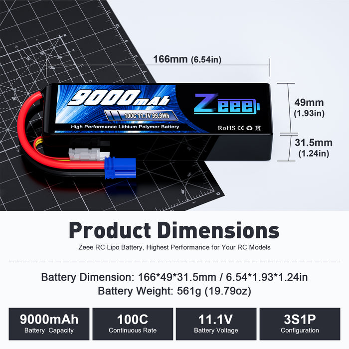 Zeee 3S Lipo Battery 9000mAh 11.1V 100C EC5 Connector with Metal Plates Soft Case for RC Car RC Models(2 Pack)