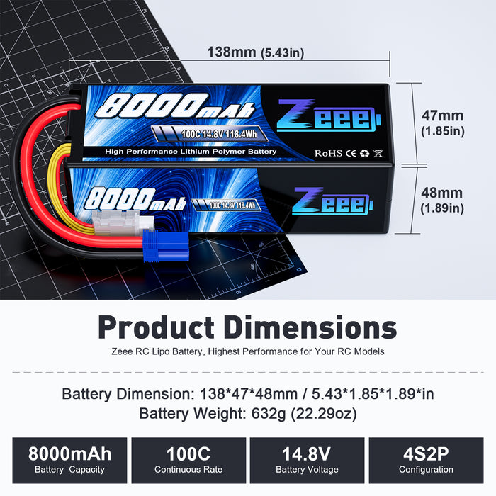 Zeee 4S Lipo Battery 8000mAh 14.8V 100C with EC5 Connector Hard Case for RC Car RC Models(2 Pack)