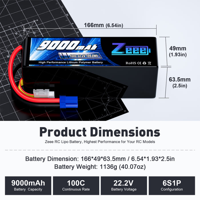 Zeee 6S Lipo Battery 9000mAh 22.2V 100C Soft Case With EC5 Connector with Metal Plates for RC Car RC Models(2 Pack)