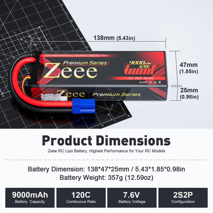 Zeee Premium Series 2S Lipo Battery 9000mAh 7.6V 120C HV-Lipo Hard Case Battery with EC5 Connector for RC Car RC Models (2 Pack)