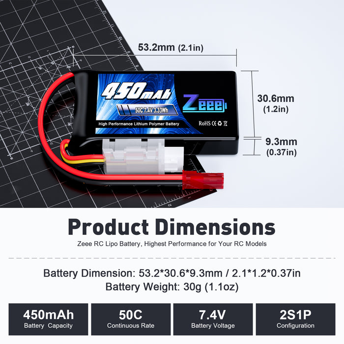 Zeee 2S Lipo Battery 450mAh 7.4V 50C Soft Pack RC Battery with JST Plug for FPV Drone Quadcopter Helicopter Airplane RC Boat RC Car RC Models(4 Pack)